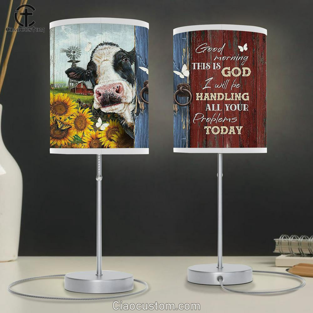 Good Morning This Is God Dairy Cow Sunflower Garden White Butterfly Table Lamp For Bedroom - Bible Verse Table Lamp - Religious Room Decor