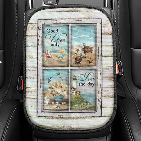 Good Vibes Only Beach Chairs Sea Turtle Seat Box Cover, Christian Car Center Console Cover, Bible Verse Car Interior Accessories