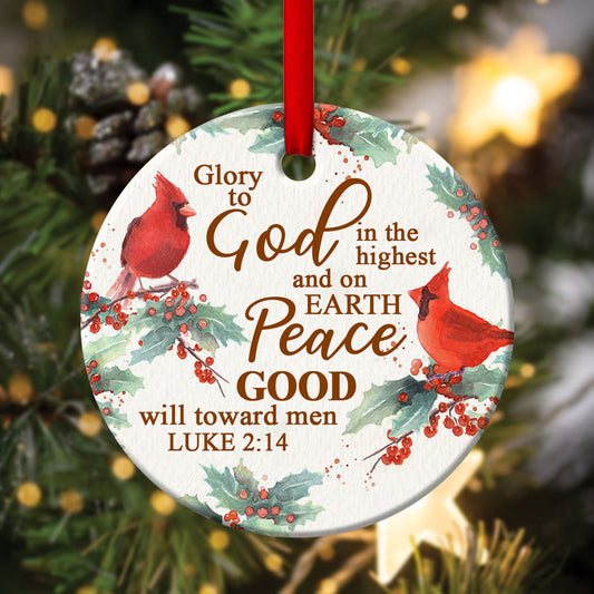 Good Will Toward Men - Beautiful Cardinal Bird Ceramic Circle Ornament - Christmas Decor - Funny Ornament