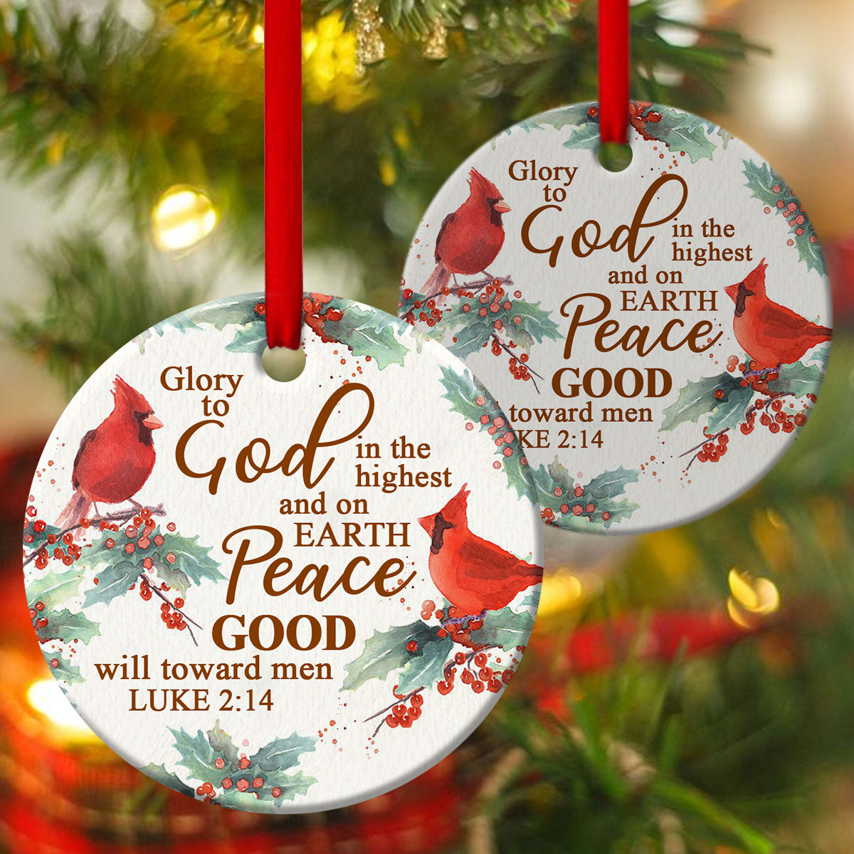 Good Will Toward Men - Beautiful Cardinal Bird Ceramic Circle Ornament - Christmas Decor - Funny Ornament