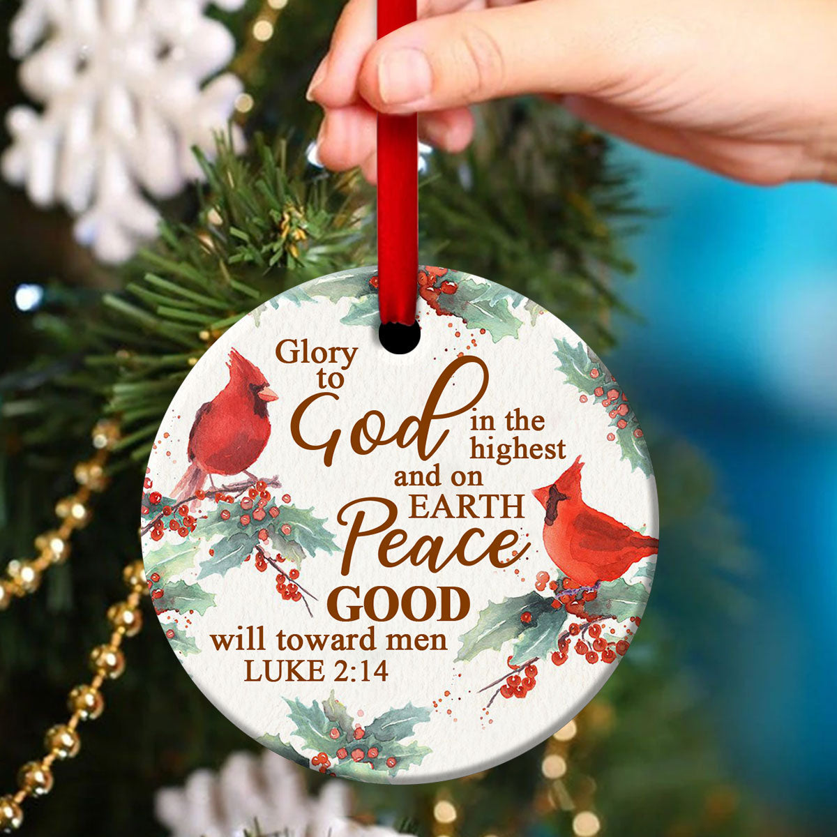 Good Will Toward Men - Beautiful Cardinal Bird Ceramic Circle Ornament - Christmas Decor - Funny Ornament