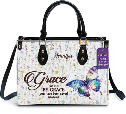 Grace For It Is By Grace Personalized Leather Bag With Handle for Christian Women