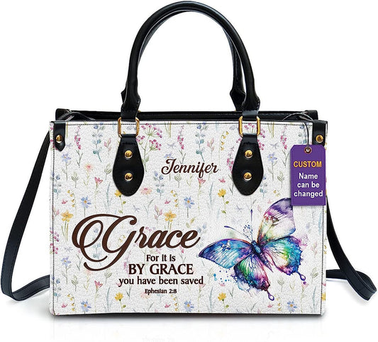 Grace For It Is By Grace Personalized Leather Bag With Handle for Christian Women