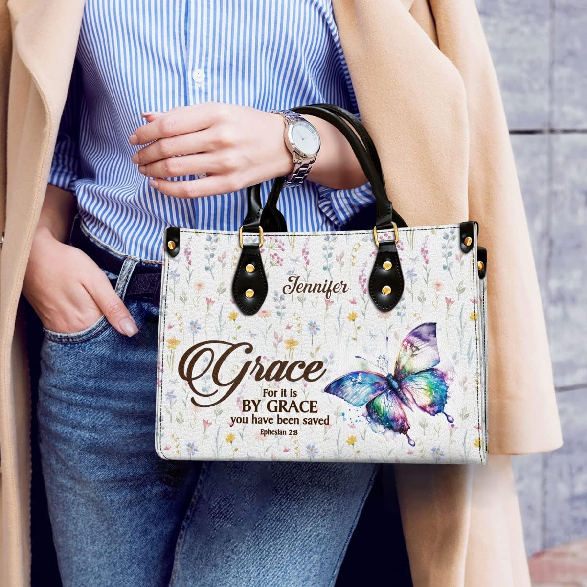 Grace For It Is By Grace Personalized Leather Bag With Handle for Christian Women