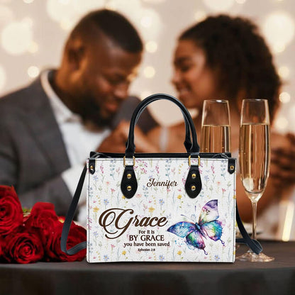 Grace For It Is By Grace Personalized Leather Bag With Handle for Christian Women