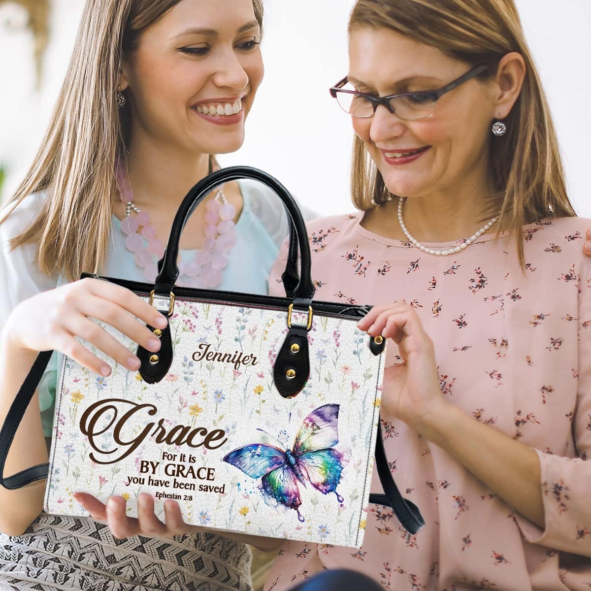 Grace For It Is By Grace Personalized Leather Bag With Handle for Christian Women