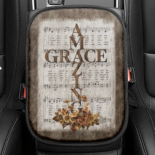 Grace Song Vintage Flower Jesus Cross Seat Box Cover, Christian Car Center Console Cover, Bible Verse Car Interior Accessories