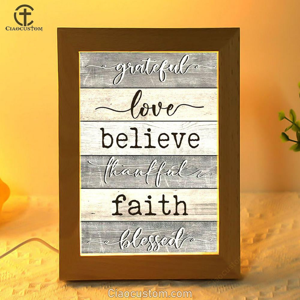 Grateful Love Believe Thankful Faith Blessed Frame Lamp Prints - Bible Verse Wooden Lamp - Scripture Night Light