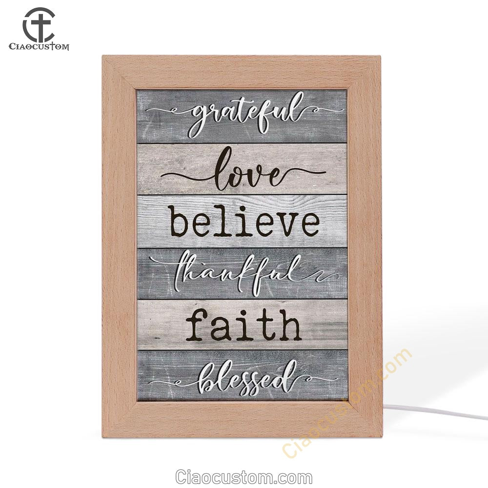 Grateful Love Believe Thankful Faith Blessed Frame Lamp Prints - Bible Verse Wooden Lamp - Scripture Night Light