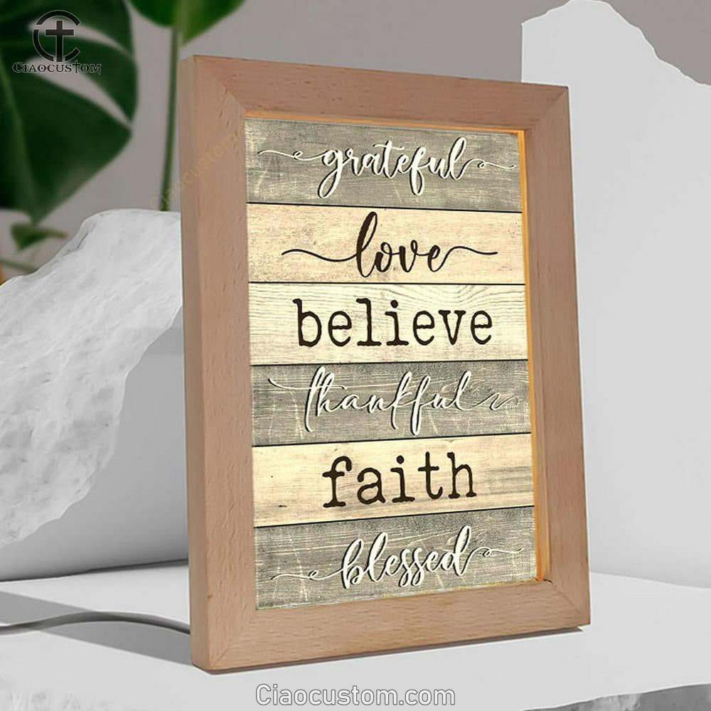 Grateful Love Believe Thankful Faith Blessed Frame Lamp Prints - Bible Verse Wooden Lamp - Scripture Night Light