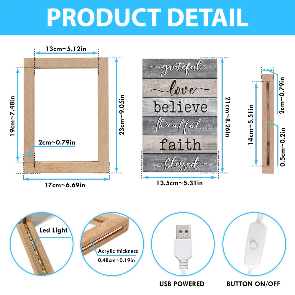 Grateful Love Believe Thankful Faith Blessed Frame Lamp Prints - Bible Verse Wooden Lamp - Scripture Night Light