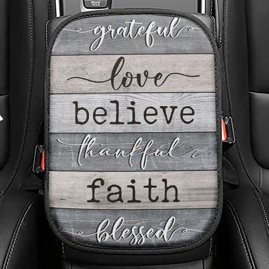 Grateful Love Believe Thankful Faith Blessed Seat Box Cover, Bible Verse Car Center Console Cover, Scripture Car Interior Accessories