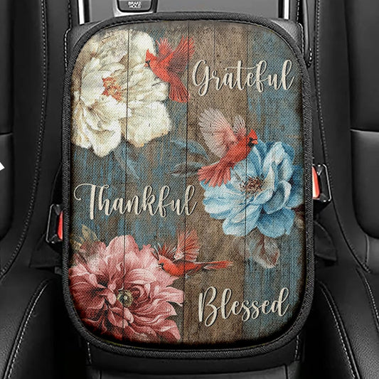 Grateful Thankful Blessed Beautiful Camellia Northern Cardinal Seat Box Cover, Christian Car Center Console Cover, Religious Car Interior Accessories