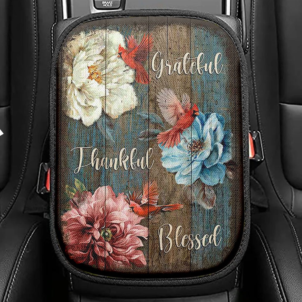 Grateful Thankful Blessed Camellia Northern Cardinal Seat Box Cover, Christian Car Center Console Cover, Bible Verse Car Interior Accessories