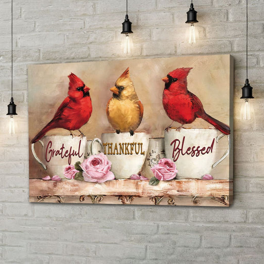 Grateful Thankful Blessed Wall Art Canvas, Cardinal Christian Wall Decor, Christian Gifts - Religious Wall Decor