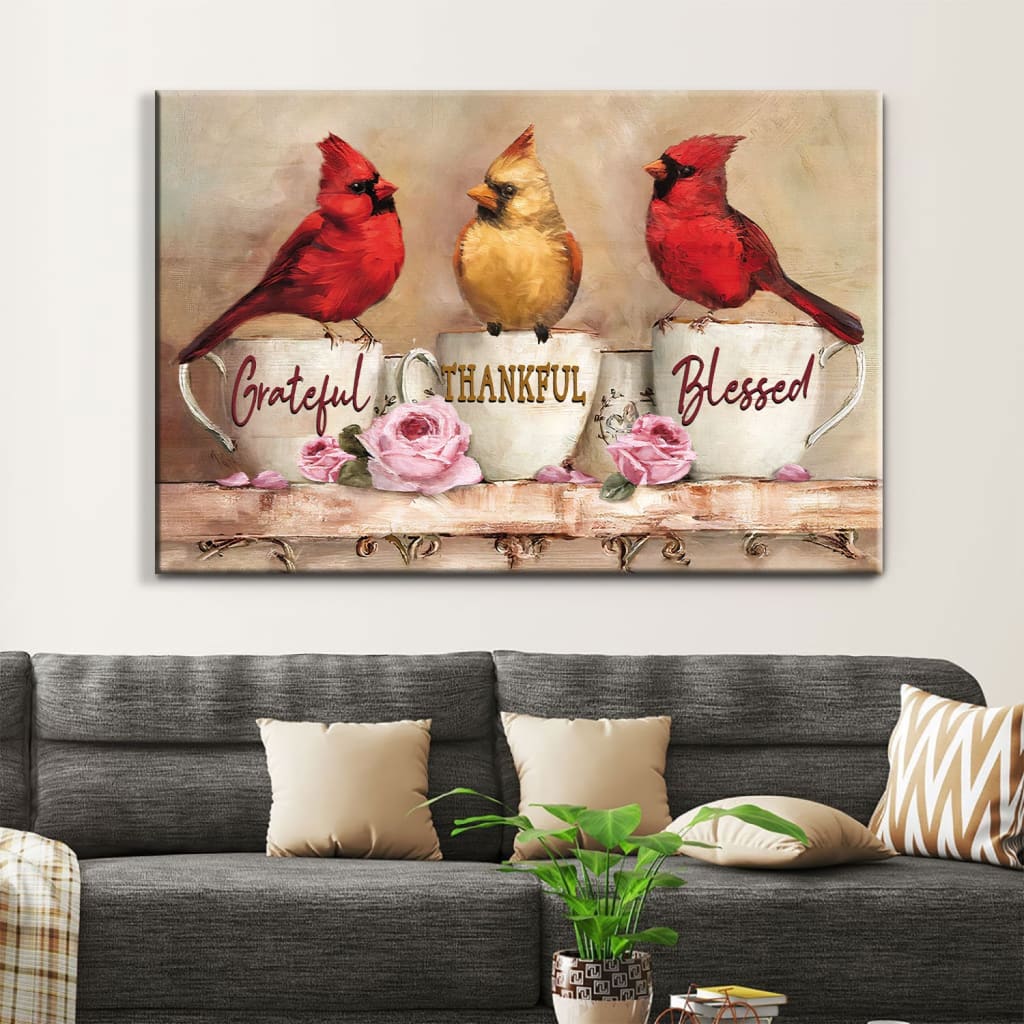 Grateful Thankful Blessed Wall Art Canvas, Cardinal Christian Wall Decor, Christian Gifts - Religious Wall Decor