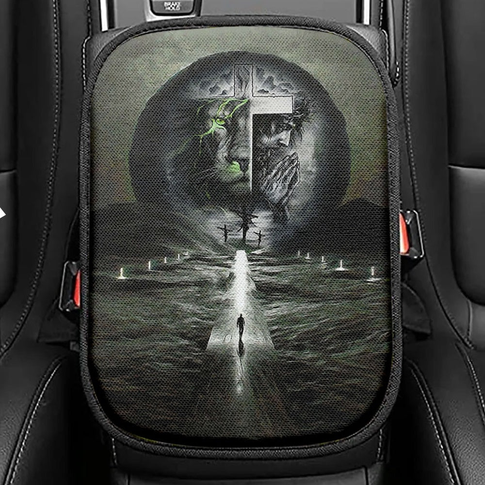 Gray Jesus Lion Seat Box Cover, Jesus Car Center Console Cover, Christian Car Interior Accessories