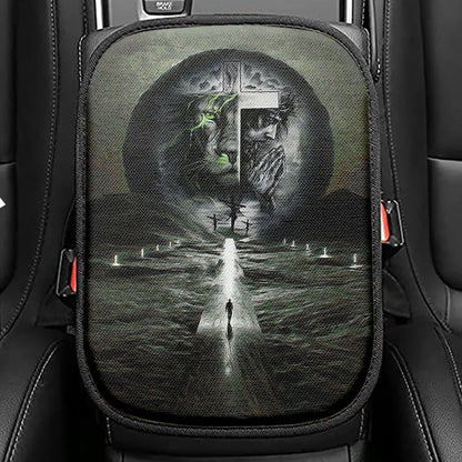 Gray Jesus Lion Seat Box Cover, Jesus Car Center Console Cover, Christian Car Interior Accessories