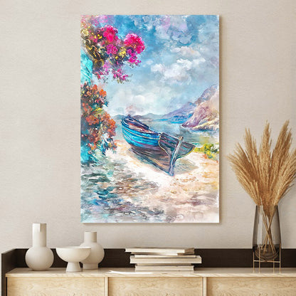 Greek Island Seascape Art Boat On The Shore Wall Art - Canvas Wall Decor - Home Decor Living Room