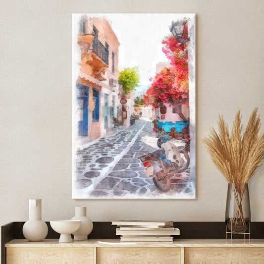Greek Island Street Painting Canvas Wall Art - Canvas Wall Decor - Home Decor Living Room