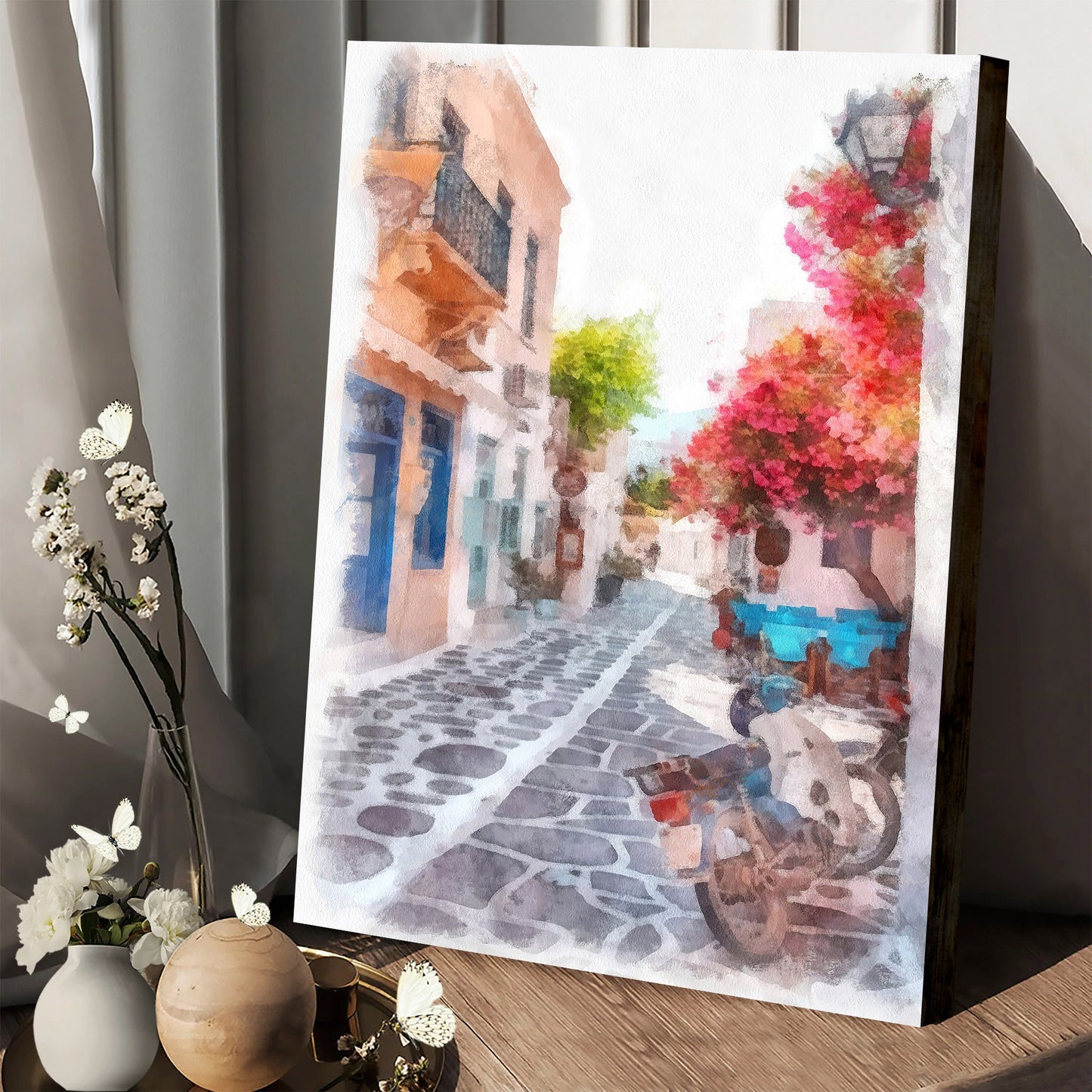 Greek Island Street Painting Canvas Wall Art - Canvas Wall Decor - Home Decor Living Room