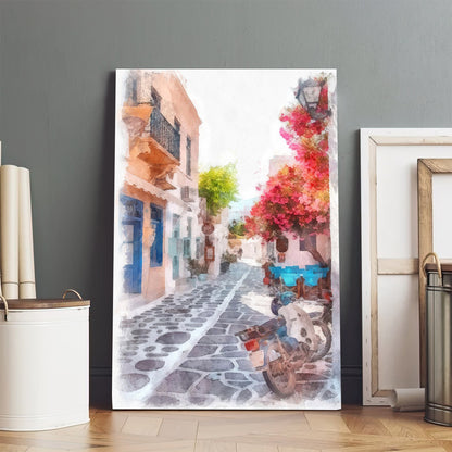 Greek Island Street Painting Canvas Wall Art - Canvas Wall Decor - Home Decor Living Room