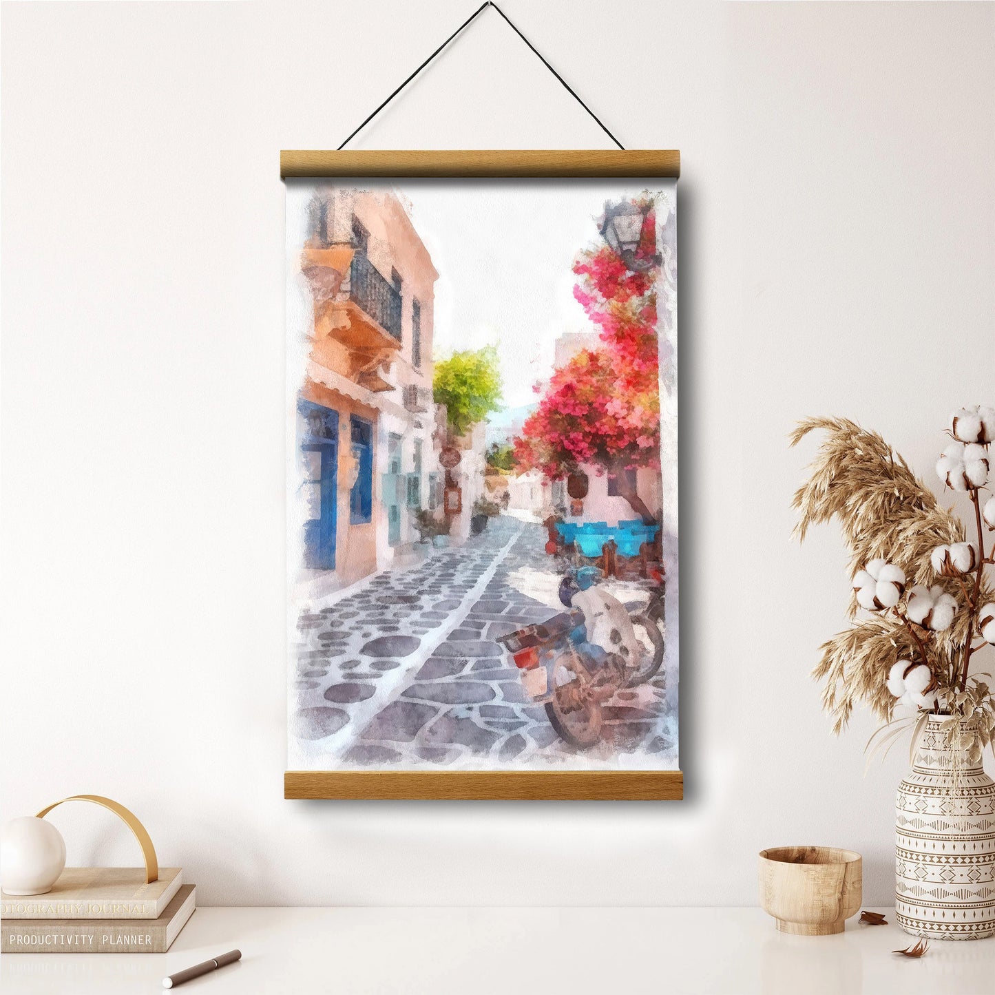 Greek Island Street Painting Hanging Canvas Wall Art - Canvas Wall Decor - Home Decor Living Room