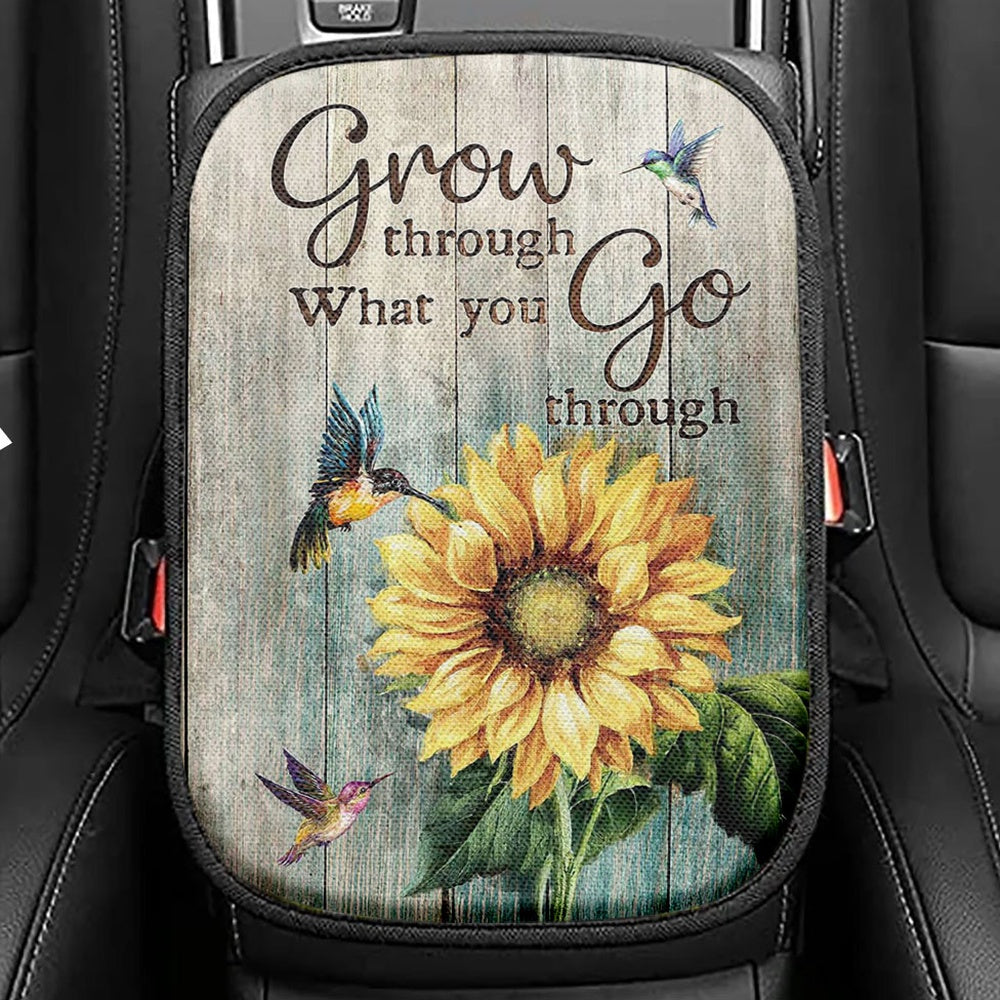 Grow Through What You Go Through Sunflower Hummingbird Seat Box Cover, Christian Car Center Console Cover, Bible Verse Car Interior Accessories