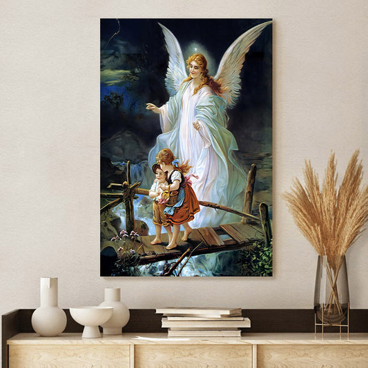 Guardian Angel Watching Over Children On Bridge  Canvas Wall Art - Jesus Canvas Pictures - Christian Wall Art