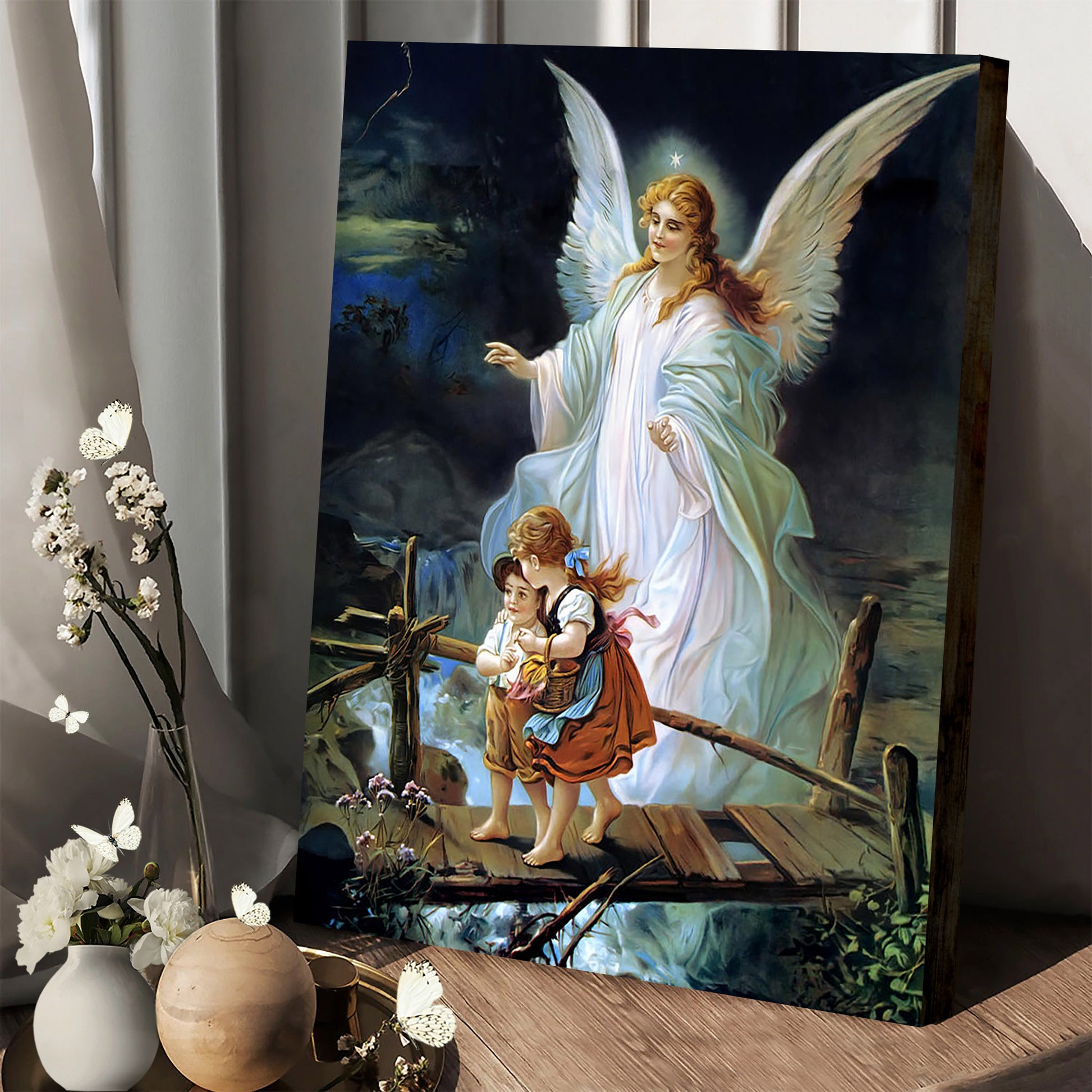 Guardian Angel Watching Over Children On Bridge  Canvas Wall Art - Jesus Canvas Pictures - Christian Wall Art