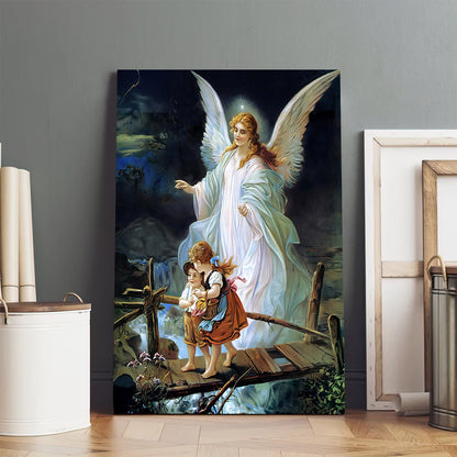 Guardian Angel Watching Over Children On Bridge  Canvas Wall Art - Jesus Canvas Pictures - Christian Wall Art