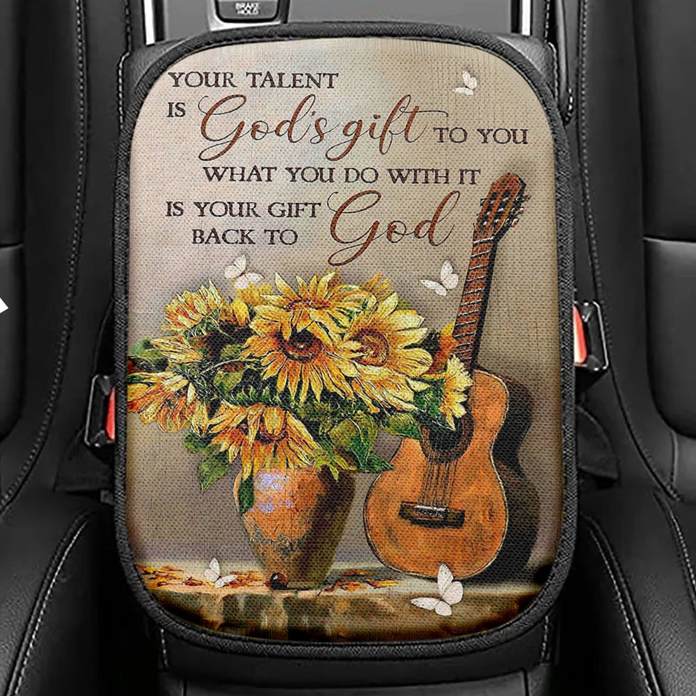 Guitar Sunflower Vase Your Talent Is God's Gift To You Seat Box Cover, Christian Car Center Console Cover, Bible Verse Car Interior Accessories