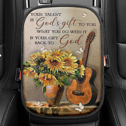 Guitar Sunflower Vase Your Talent Is God's Gift To You Seat Box Cover, Christian Car Center Console Cover, Bible Verse Car Interior Accessories