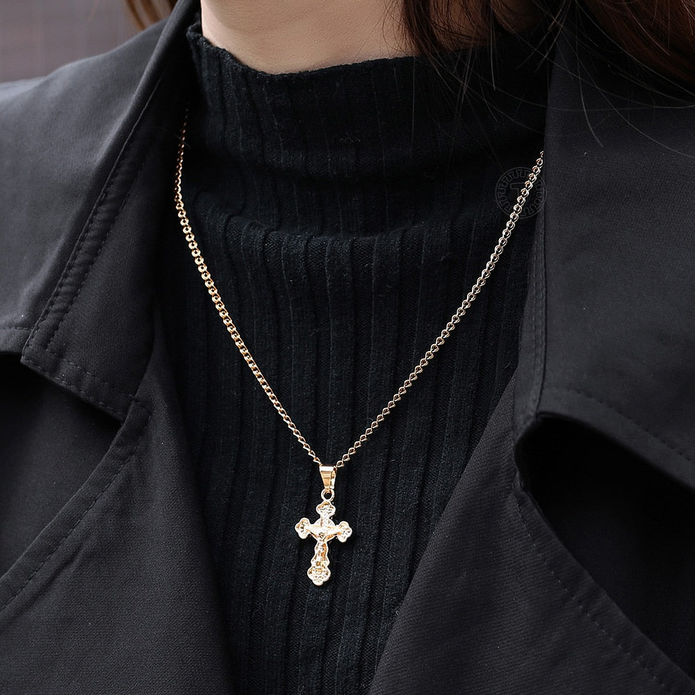 Gold Cross Pendant Necklace With Clear Crystal For Men and Women