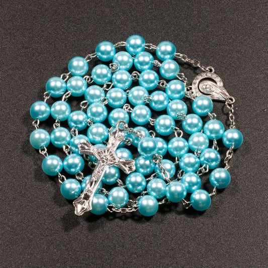Christian Rosary Necklace - Blue Faux Pearl Beads Jewelry