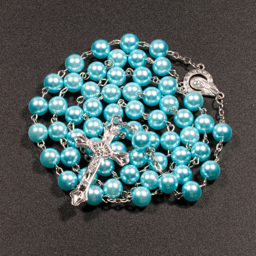Christian Rosary Necklace - Blue Faux Pearl Beads Jewelry