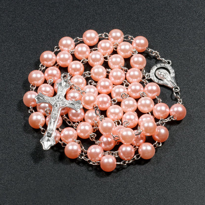 Christian Rosary Necklace - White Faux Pearl Beads Jewelry