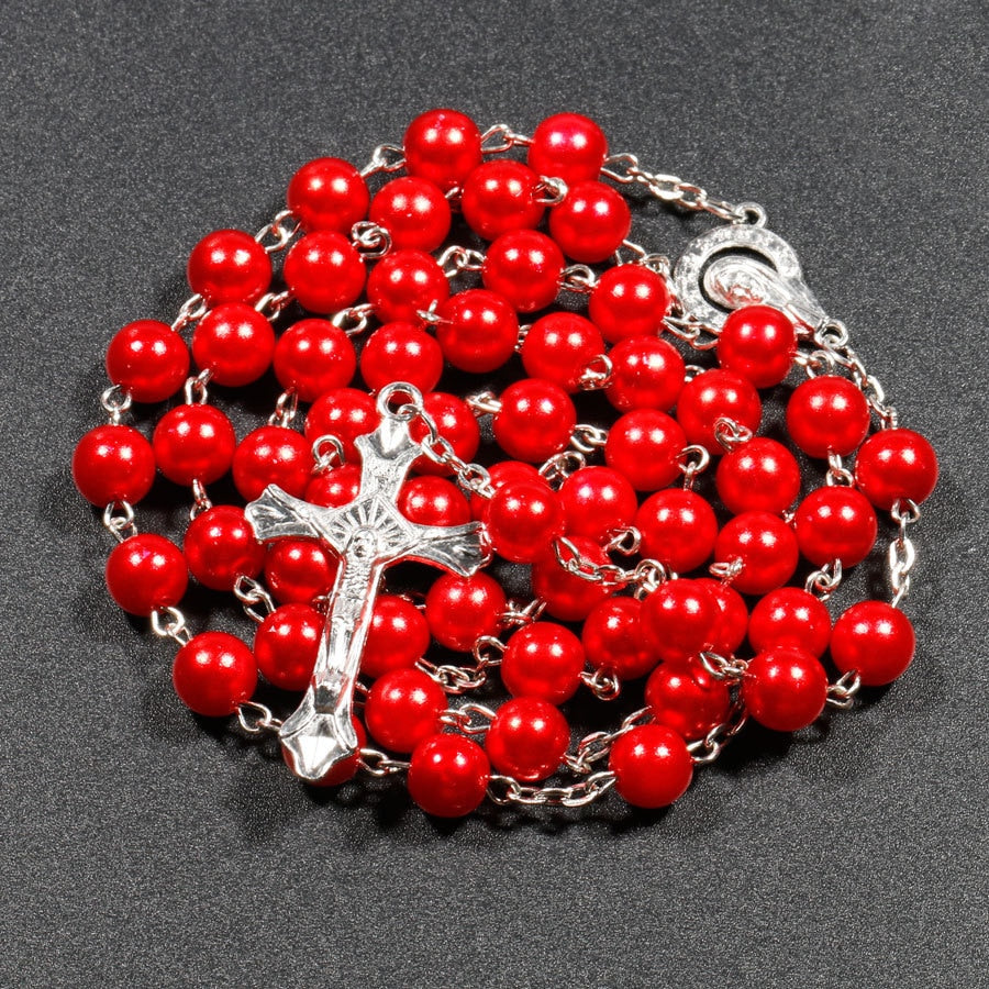 Christian Rosary Necklace - Red Faux Pearl Beads Jewelry