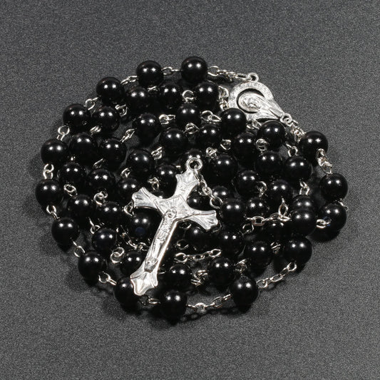Christian Rosary Necklace - Black Faux Pearl Beads Jewelry