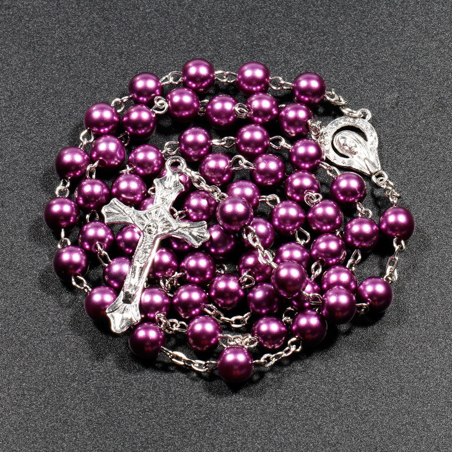 Christian Rosary Necklace - Purple Faux Pearl Beads Jewelry