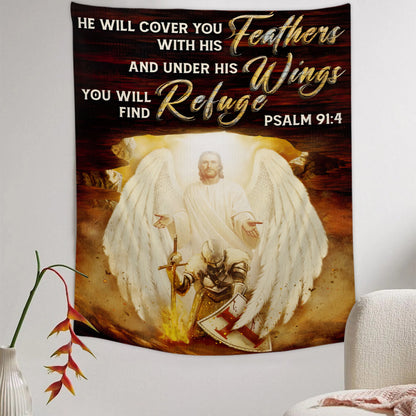 He will Cover You With His Feathers - Jesus Tapestry - Religious Tapestry Wall Hangings - Bible Verse Wall Tapestry - Christian Tapestry - Ciaocustom