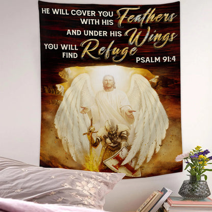 He will Cover You With His Feathers - Jesus Tapestry - Religious Tapestry Wall Hangings - Bible Verse Wall Tapestry - Christian Tapestry - Ciaocustom