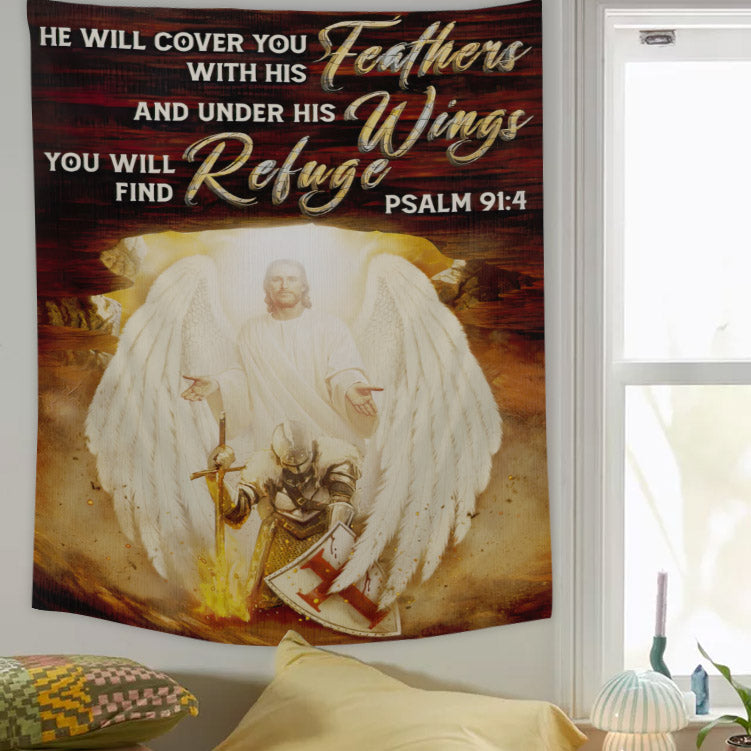 He will Cover You With His Feathers - Jesus Tapestry - Religious Tapestry Wall Hangings - Bible Verse Wall Tapestry - Christian Tapestry - Ciaocustom