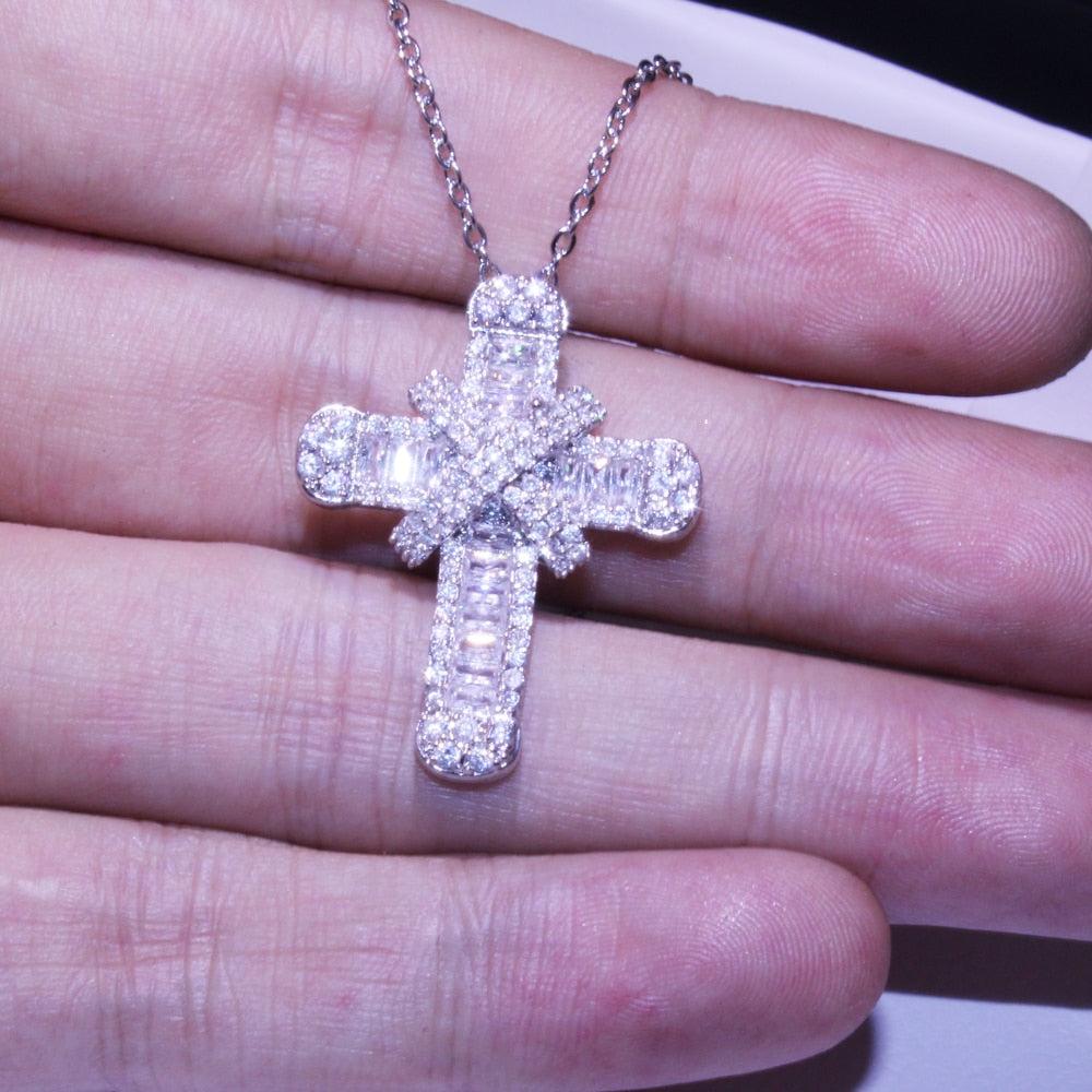 Shiny Silver Plated Cubic Zirconia Cross Necklaces for Christian Women 3
