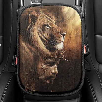 Half Lion Half Jesus Seat Box Cover, Jesus Car Center Console Cover, Christian Car Interior Accessories