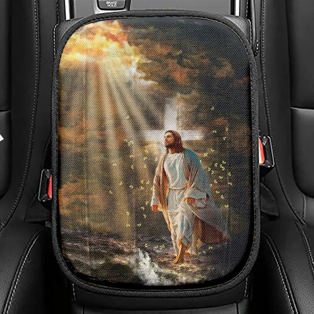 Halo Painting Jesus Walking On Water Car Center Console Cover, Christian Armrest Seat Cover, Bible Seat Box Cover