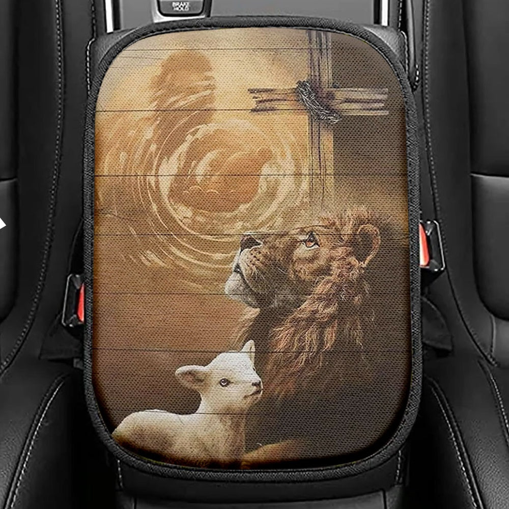 Hand Of God Lion Lamb Cross Seat Box Cover, Lion Car Center Console Cover, Christian Inspirational Car Interior Accessories