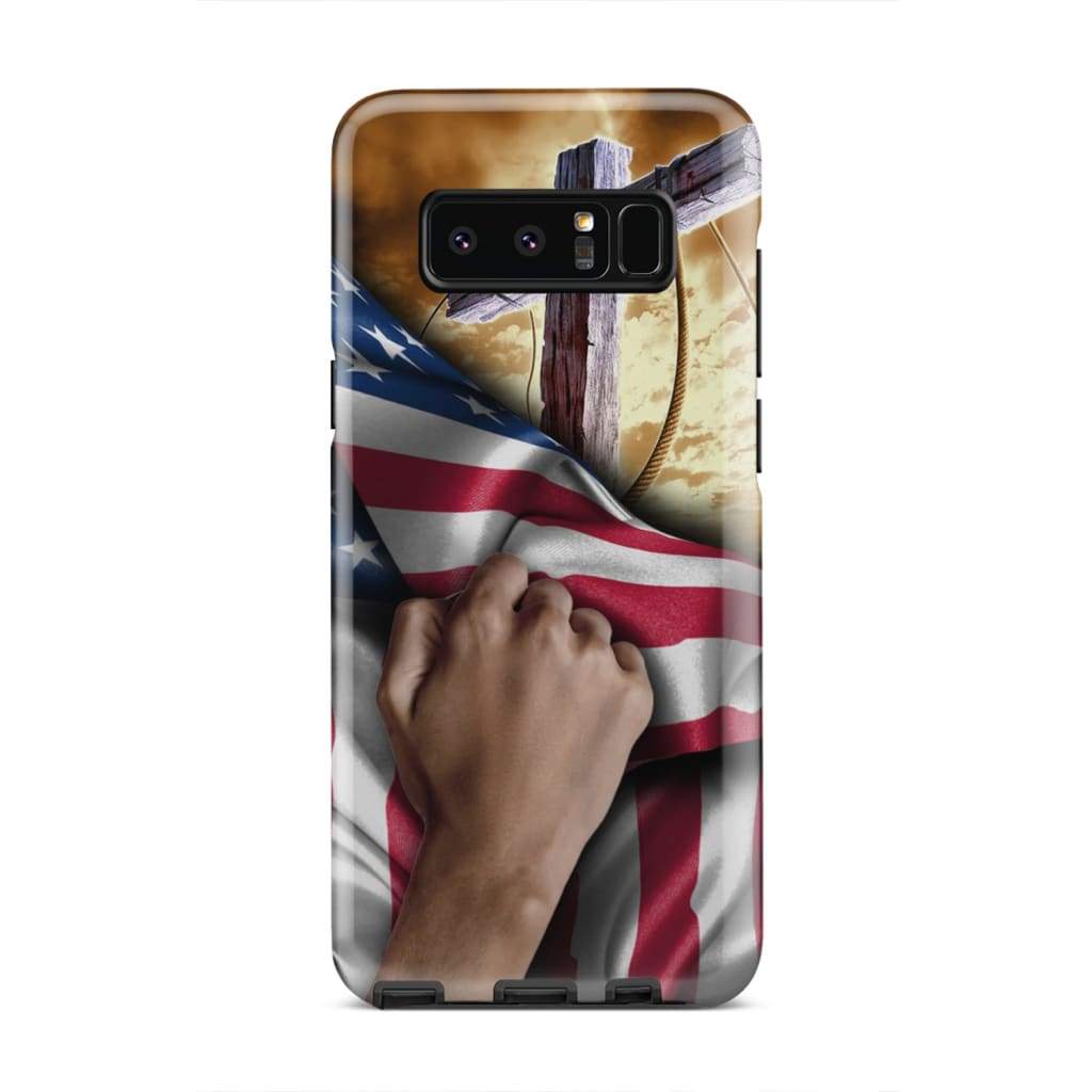 Hand Pulling American Flag With Cross Phone Case - Bible Verse Phone Cases Samsung