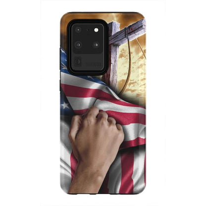 Hand Pulling American Flag With Cross Phone Case - Bible Verse Phone Cases Samsung