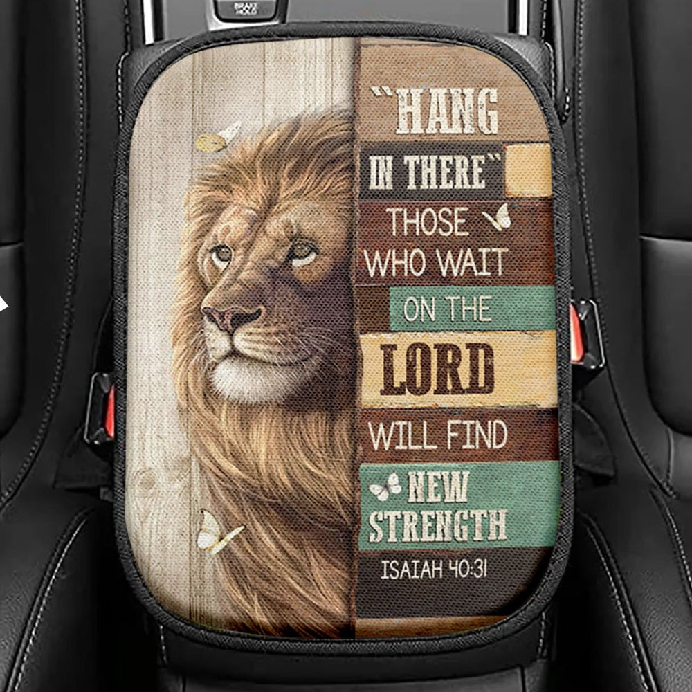 Hang In There Lion White Butterfly Seat Box Cover, Bible Verse Car Center Console Cover, Christian Inspirational Car Interior Accessories